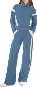 Blue White Women's for 2 Piece Sweat Suit Set Short <b>Tops</b> Wide Leg Sweatpants 100% Cotton Fleece Tracksuit Matching Outfit - Product Image 4
