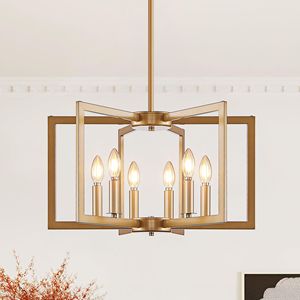 Lustre géométrique doré moderne à 6 lumières, luminaire suspendu en métal industriel de 22 pouces pour salon, salle à manger, cuisine - Ampoule - Product Image 1