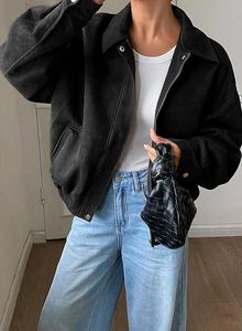 Veste en daim noir pour femme, fermeture éclair, col montant, style hiver, coupe-vent, matière épaisse - Product Image 4