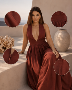 Vestido Maxi Premium de Lino/Algodón Estilo Boho Vintage Hecho a Mano, Largo hasta el Suelo, Cuello en V, Sin Mangas, Tejido Transpirable Ecológico, Corte Acampanado - Product Image 3