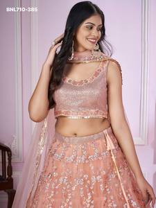 Best Quality Heavy Soft Net with Badla, Thread, Sequins & Zari Embroidered A-Line Peach Lehenga-Choli Set At Wholesale Rate - Product Image 4