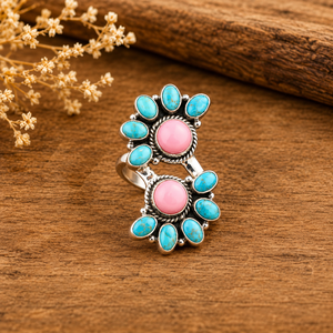 Pink Conch Kingman Mohave <b>Turquoise</b> Silver <b>Ring</b> Boho Cluster Statement Southwestern Gemstone Jewelry <b>Ring</b> for Her - Product Image 3
