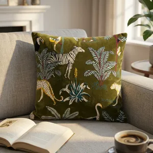 Olive Green <b>Velvet</b> Eco-Friendly Woven <b>Cushion</b> <b>Cover</b> with Vintage Print Removable & Washable All-Season for Hotel Home Decor - Product Image 1