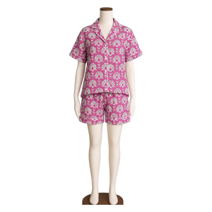 ชุดนอนผ้าฝ้ายพิมพ์ลายด้วยมือสำหรับผู้หญิง - ชุดนอนกางเกงขาสั้นและเสื้อพิมพ์ลายดอกไม้แบบชัยปุระ - ชุดนอนระบายอากาศสำหรับฤดูร้อน ขายส่ง - Product Image 1