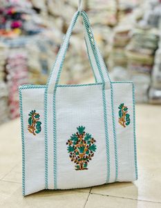 <b>White</b> Quilted Cotton Tote <b>Bag</b> Embroidered Floral Handcrafted <b>Shoulder</b> Shopper for Travel Daily Use - Product Image 3