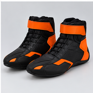 Botas de moto para hombre, color negro y naranja, de cuero genuino, con cierre de velcro, punta redonda, transpirables, ligeras y resistentes a la abrasión. - Product Image 5