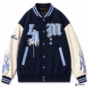 เสื้อแจ็คเก็ตวาร์ซิตี้ผู้ชาย SINEWY SPORTS ปักลายต้นปาล์ม LA สีกรมท่า แขนเสื้อสีเบจ ลายเปลวไฟ สไตล์ Preppy สำหรับใส่ในฤดูใบไม้ร่วง - Product Image 1