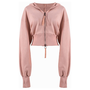 Sudadera con capucha corta para mujer, con cremallera y manga larga, de punto, de color liso, para uso casual de otoño. - Product Image 1