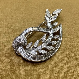 Art Deco Marquise & Baguette Moissanite Diamond14k Gold Plated <b>Silver</b> Leaf <b>Spray</b> Wedding Brooch Unique Brooch For Women & Men - Product Image 4