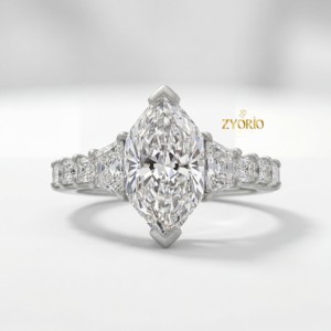 Anillo de compromiso de diamante cultivado en laboratorio con corte marquesa, piedras laterales trapezoidales princesa, oro macizo de 14K, VS, moderno, para boda, aniversario, fiesta - Product Image 4