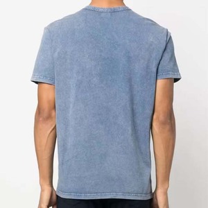 T-shirt en coton bleu délavé pour homme, manches courtes, coupe ample, col rond, jersey décontracté vintage, respirant, couleur unie - Product Image 5
