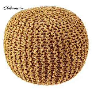 Bông Màu Vàng Sợi Dệt Kim Pouf Tay Crochet Footstool Ottoman Poufs