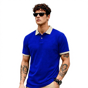 Chemise noire unie à manches courtes pour homme, col et poignets beiges, décontractée, en lin/coton tricoté, respirante, coupe classique, logo frontal, franges - Product Image 2