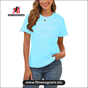 Women's O-Neck Short Sleeve T-Shirt Solid Blue Denim Corduroy Print Casual Wear Loose Fit Summer - Product Image 4
