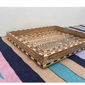 Bandeja de Servir Premium con Incrustaciones de Hueso, Bandeja de Madera Hecha a Mano con Diseño Floral Incrustado, Disponible a Precio de Mayoreo - Product Image 4