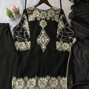 Conjunto de Top de Georgette con Bordado de Lentejuelas, Pantalón Palazzo y Dupatta, Kurti de 34 Pulgadas con Forro Interior, Talla Única, Traje Étnico para Mujer - Product Image 1