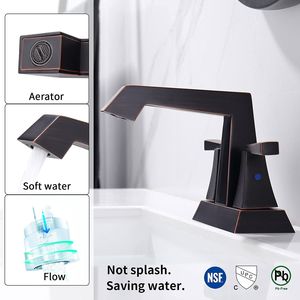 Rubinetto per lavabo bagno in bronzo anticato con 2 maniglie, rubinetto da lavabo a 4 pollici con attacco centrale, scarico a scomparsa a 3 fori, linea di alimentazione a foro singolo - Product Image 5