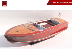 Bateau miniature en bois Chris Craft Riviera 1954 SB0028P, artisanal, objet de collection, décoration artistique, autoportant, antique, Vietnam, 92L X 32W X 25H - Product Image 6