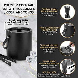 Stainless Steel Classic Double Wall Ice <b>Bucket</b> Set <b>Lid</b> Ice Tongs Cocktail Jigger Matte Black Finish 3L Capacity Food Contact - Product Image 4