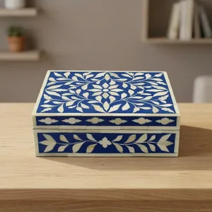 Boîte à bijoux en bois orientale, design floral sculpté, incrustation bleue et blanche, boîte de rangement rectangulaire, décoration d'intérieur - Product Image 5