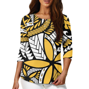 Chemises décontractées d'été boutonnées pour femmes en gros, T-shirts personnalisés à imprimé vintage polynésien, chemises à manches sept-quarts par sublimation - Product Image 2