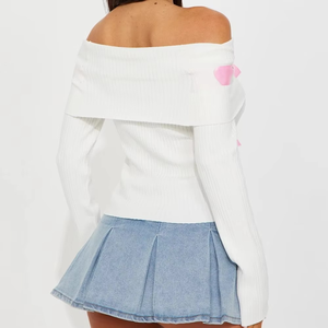 Pull côtelé pour femme à épaules dénudées, col plissé décoré, 100% coton, style mode, collection printemps, OEM, vente en gros - Product Image 2