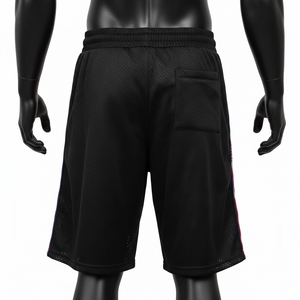 กางเกงว่ายน้ำชายผ้าโพลีเอสเตอร์ตาข่ายคุณภาพสูง สีดำ แต่งแถบสีแดง พิมพ์ลายโลโก้ตามสั่ง แห้งเร็ว - Product Image 5