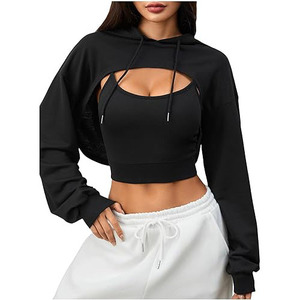 Women's <b>Black</b> Hooded <b>Crop</b> <b>Top</b> Solid Color <b>Long</b> <b>Sleeve</b> Asymmetric Cutout Design Casual Autumn Wear - Product Image 3