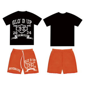 BRNDNAME Men's <b>Black</b> T-Shirt Orange <b>Shorts</b> Set Casual Summer Wear Quick Dry Athletic Solid Polyester Knitted Fabric - Product Image 2