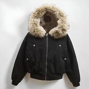 Parka à capuche pour homme en fausse fourrure marron, fermeture éclair, poignets côtelés - Product Image 2