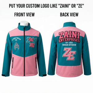 Chaqueta Softshell Premium de Poliéster y Elastano de 320 GSM, Color Verde Azulado y Rosa, Cuello Alto, Logotipo Frontal, con Capucha, Resistente al Viento, Ecológica y Transpirable - Product Image 1