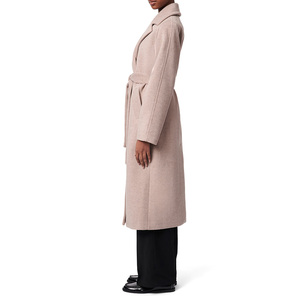Notched Collar <b>Belted</b> Solid Color Winter Outerwear <b>Wool</b> <b>Coats</b> Full Length <b>Women's</b> <b>Wool</b> Trench <b>Coat</b> Long Sleeve - Product Image 5