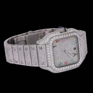 Custom Hiphop Stainless Steel <b>Watch</b> with Round Brilliant Cut Moissanite <b>Diamonds</b> 41mm Square Analog Dial Window Glass Display - Product Image 4