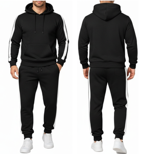 Conjunto deportivo clásico para hombre con franja lateral, sudadera con capucha y pantalones en negro y blanco, ropa informal para gimnasio, traje para correr. - Product Image 4