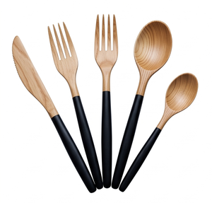 Elegant <b>Wooden</b> Cutlery <b>Set</b> With Black Handles Minimalist Design Eco Friendly Camping Flatware <b>Spoon</b> Fork Knife Long Handle - Product Image 1