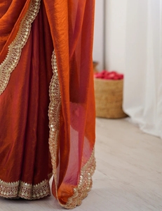 KV Embellished Silk Wrinkle-Free Reversible Bollywood Satin <b>Saree</b> (<b>Orange</b>) for Party - Product Image 5