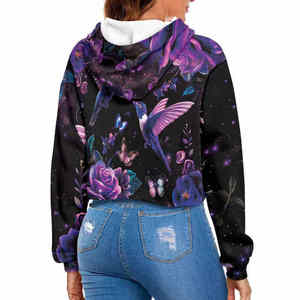 Sudadera Corta Personalizada por Sublimación para Mujer, Estampado Floral de Colibrí, Manga Larga, Informal, Transpirable, Tejida, para Otoño e Invierno - Product Image 5