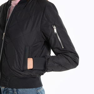 Black Quilted Bomber <b>Jacket</b> Women's Full Sleeve Zipper Closure Solid Color Autumn Wear Regular Length Polyester Material - Product Image 6