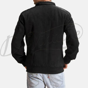 Blouson bomber en daim noir pour homme, avec empiècements matelassés en peau de mouton véritable aux épaules, coupe ajustée, fermeture éclair, style moto décontracté - Product Image 3