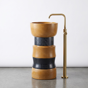 Lavabo de salle de bain moderne en pierre, sur pied, en marbre naturel jaune et noir - Product Image 2