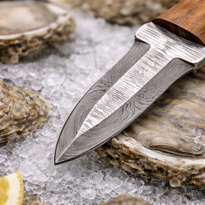 Couteau à huîtres artisanal, lame en acier Damas, manche en bois avec étui en cuir, fournisseur - Product Image 4