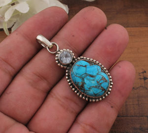 Pendentif en turquoise bleu cuivre naturel, topaze bleue, argent sterling 925 plaqué platine, serti vintage, multi-pierres précieuses - Product Image 4