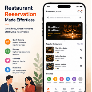 Aplicación Móvil Inteligente para Reservas de Restaurantes, Reserva de Mesas para Clientes, Gestión de Lista de Espera, Disponibilidad en Tiempo Real, Android iOS - Product Image 1