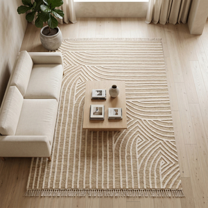 Tapis tufté à la main en laine écologique beige ivoire, motif quadrillé linéaire/épais, antidérapant, pour salon, hôtel, villa - Product Image 1