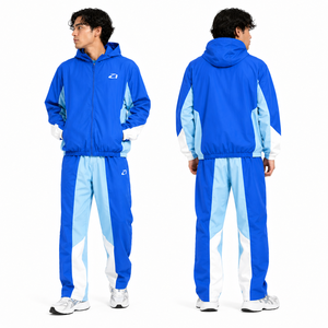 Survêtement unisexe bleu uni à blocs de couleur, à capuche, manches longues, pantalon décontracté sportif avec cordon de serrage, respirant, 100 % coton épais - Product Image 6