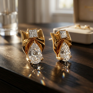 ต่างหูทองคำ 14KT สีเหลือง ประดับเพชรทรงลูกแพร์ 1.00 กะรัต และเพชรทรงปรินเซสคัท 0.35 กะรัต เพาะเลี้ยงในห้องปฏิบัติการ สำหรับผู้หญิง เครื่องประดับคุณภาพสูง รับผลิตแบบ OEM ODM - Product Image 3
