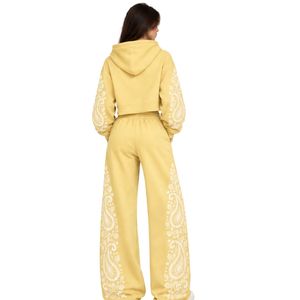 Butter Yellow Women Paisley Print Crop Hoodie Wide Leg Pants Two Piece Tracksuit Casual Streetwear Loose Fit <b>Jogger</b> <b>Matching</b> <b>set</b> - Product Image 3
