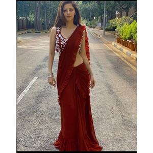 PARTY WEAR GEORGETTE LISO LEHENGA SAREE CON BLUSA DESCOSADA ROJA - Product Image 1