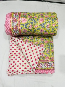 Reversible Printed <b>Quilt</b> Floral Pattern Green Pink Gray Striped Border Bohemian Style All Season Home Use Cotton Handmade - Product Image 1
