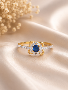 Bague élégante en or massif 14 carats avec pierre centrale en saphir bleu taille ovale et halo de zircon serti pavé – Cadeau idéal - Product Image 3